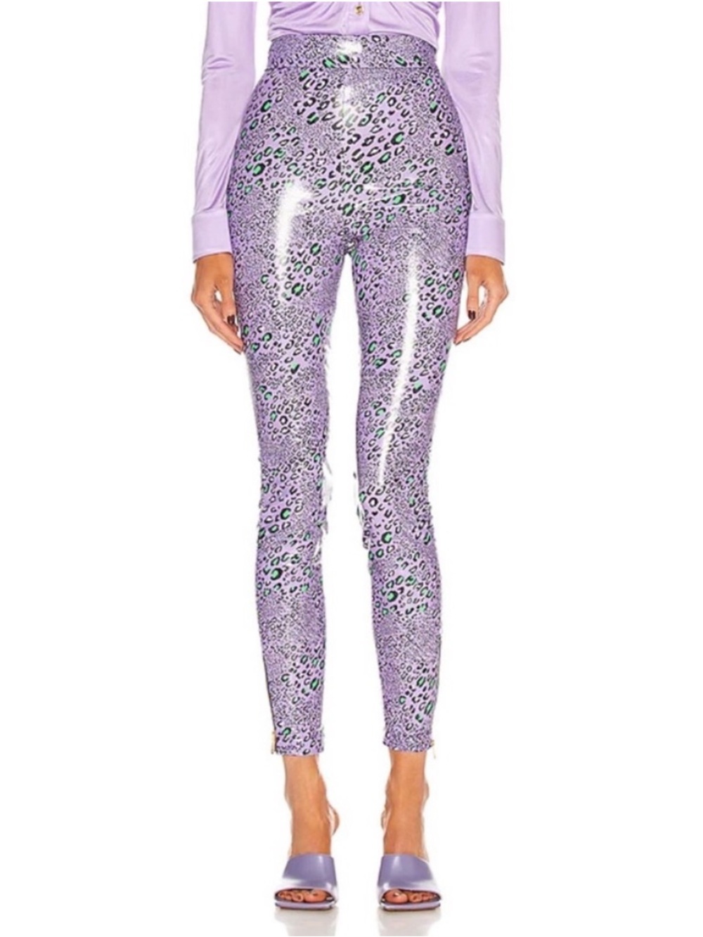 Versace Purple Leopard Print Leggings Vinyl Skinny Sz 44